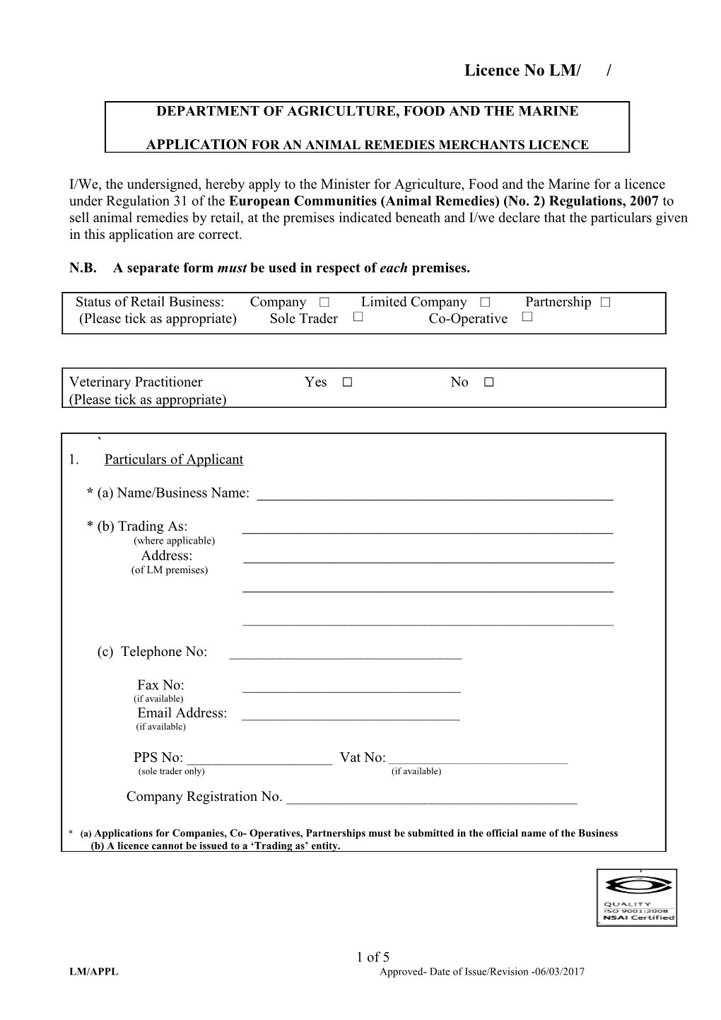 Application for an Animal Remedies Merchants Licence