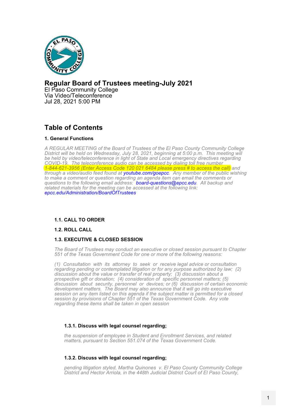 Regular Board of Trustees Meeting-July 2021 Table of Contents
