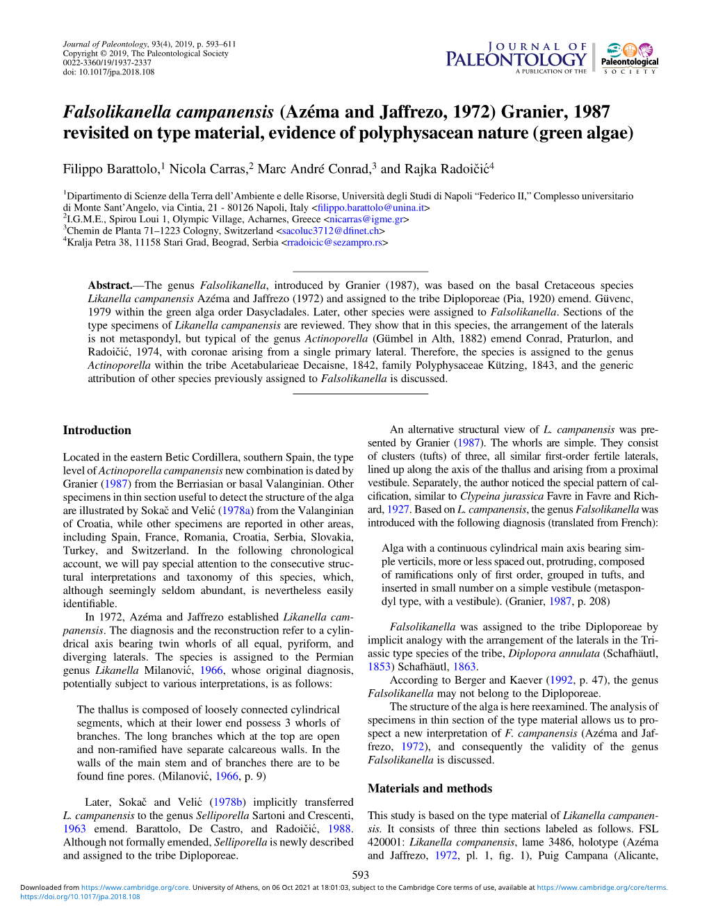 Falsolikanella Campanensis (Azéma and Jaffrezo, 1972) Granier, 1987 Revisited on Type Material, Evidence of Polyphysacean Nature (Green Algae)