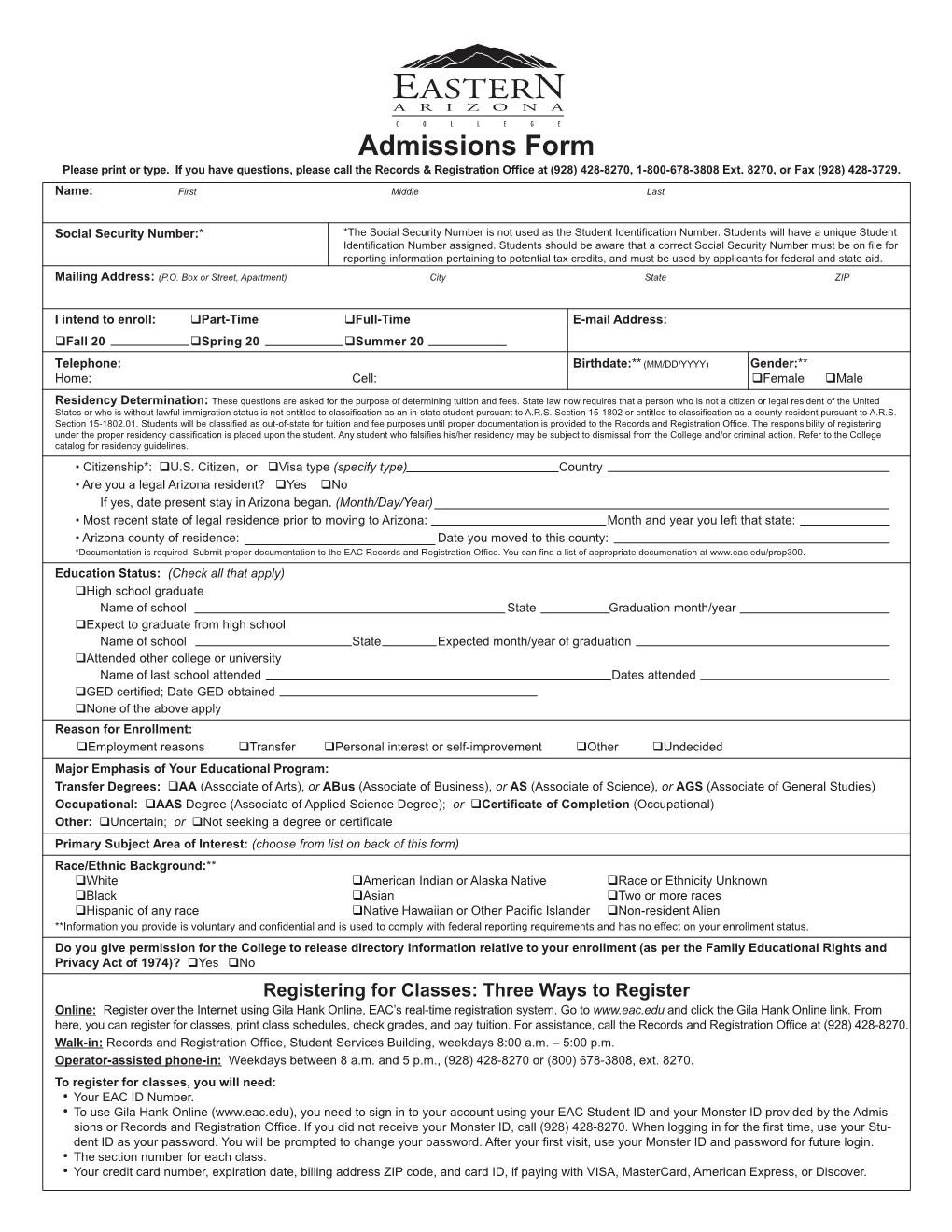 Admissions Form Please Print Or Type