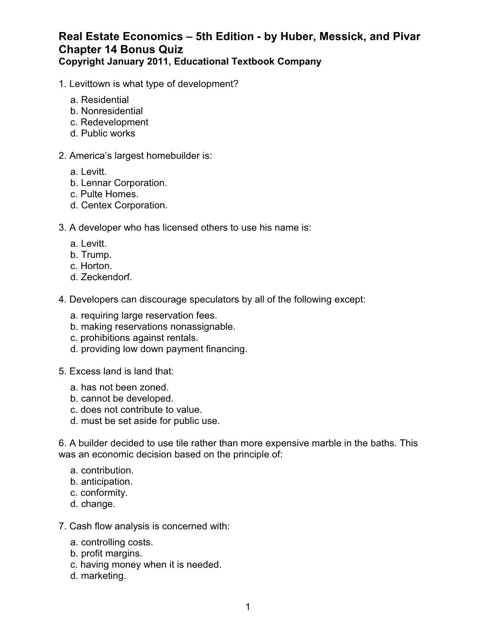 REAL ESTATE ECONOMICS - Chapter Quizzes