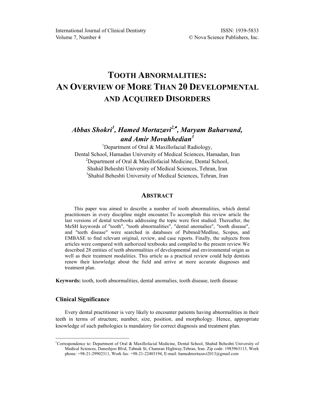 Tooth Abnormalities: an Overview of More Than 20 Developmental and Acquired Disorders