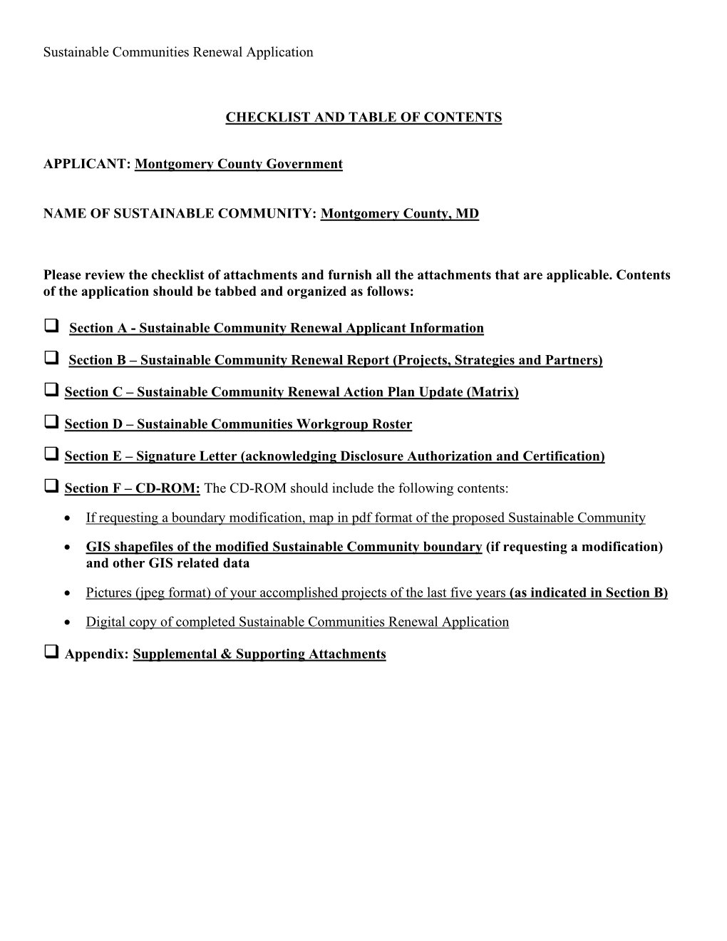 Sustainable Communities Renewal Application CHECKLIST and TABLE of CONTENTS