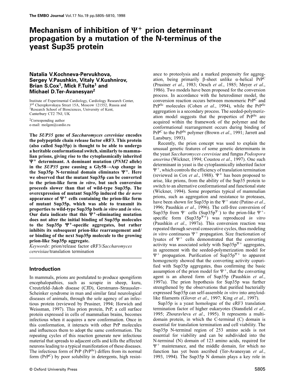 Mechanism of Inhibition of Psi+ Prion Determinant Propagation by a Mutation of the N-Terminus of the Yeast Sup35 Protein