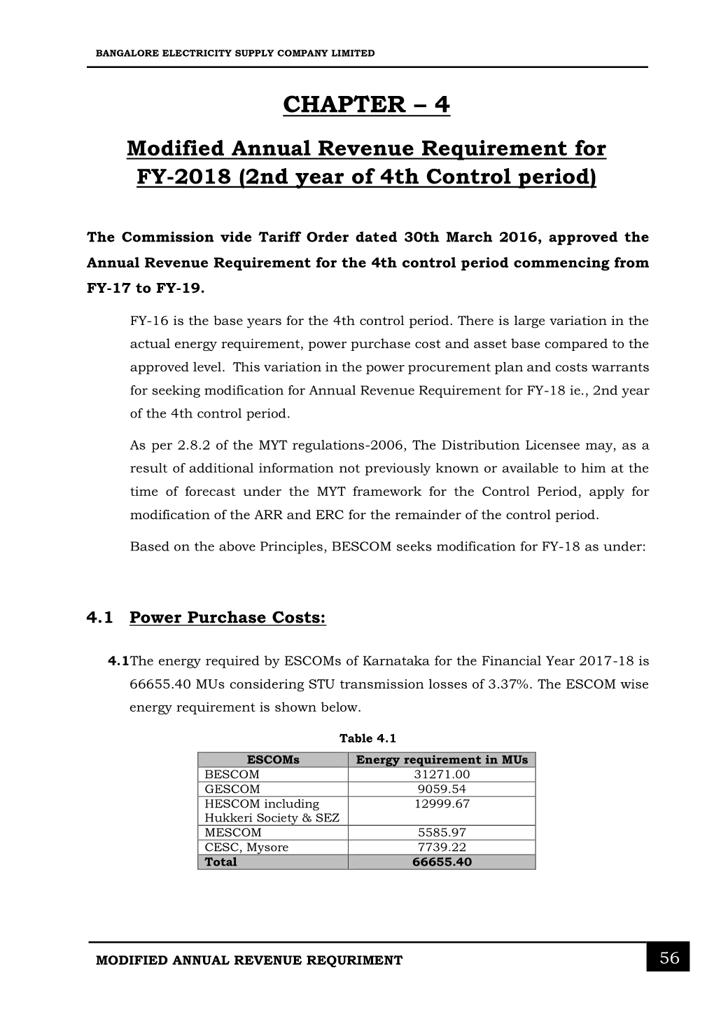 CHAPTER – 4 Modified Annual Revenue Requirement for FY-2018 (2Nd Year of 4Th Control Period)