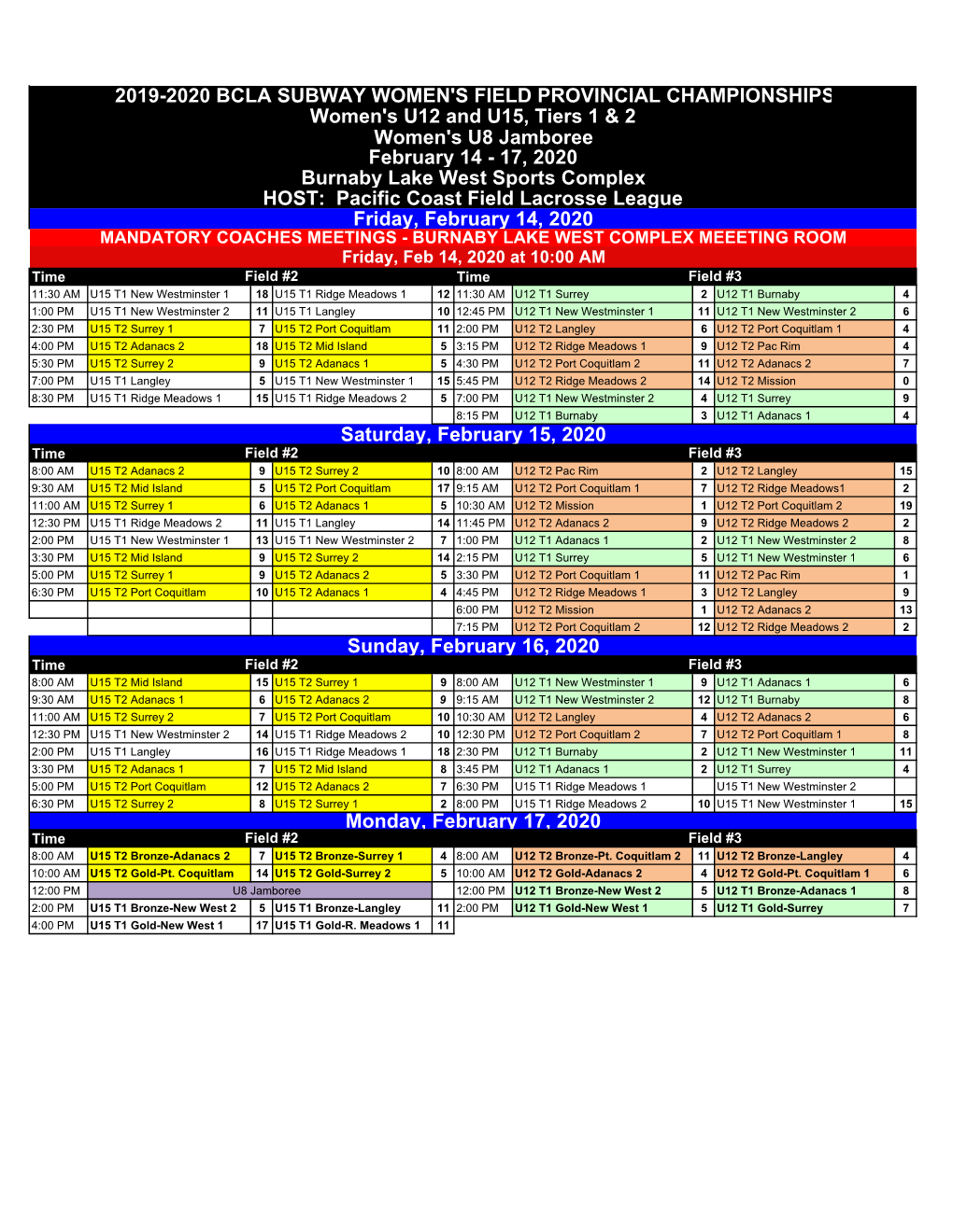 Women's U8 Jamboree Friday, February 14, 2020 2019-2020 BCLA SUBWAY WOMEN's FIELD PROVINCIAL CHAMPIONSHIPS Women's U12 And