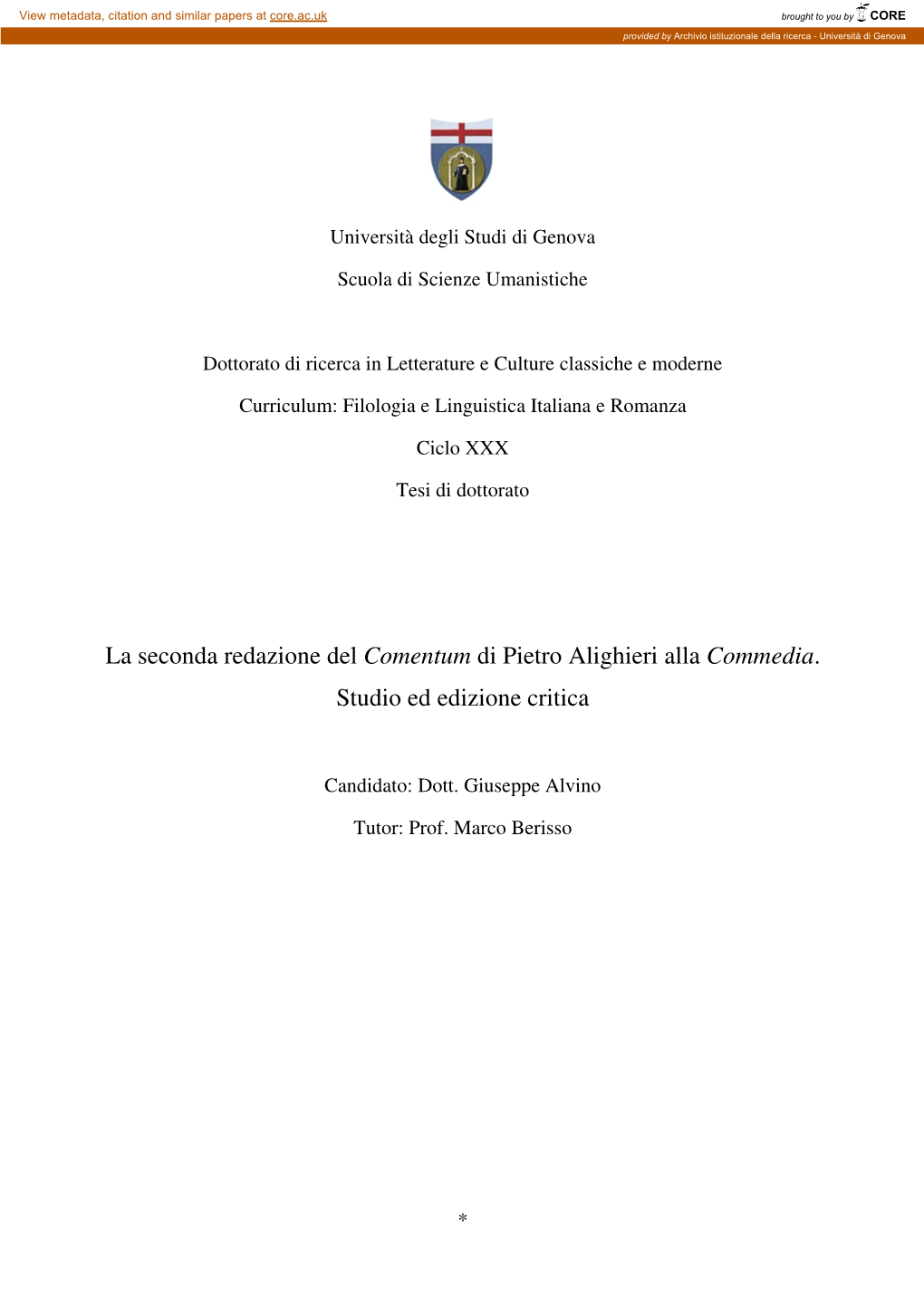 La Seconda Redazione Del Comentum Di Pietro Alighieri Alla Commedia