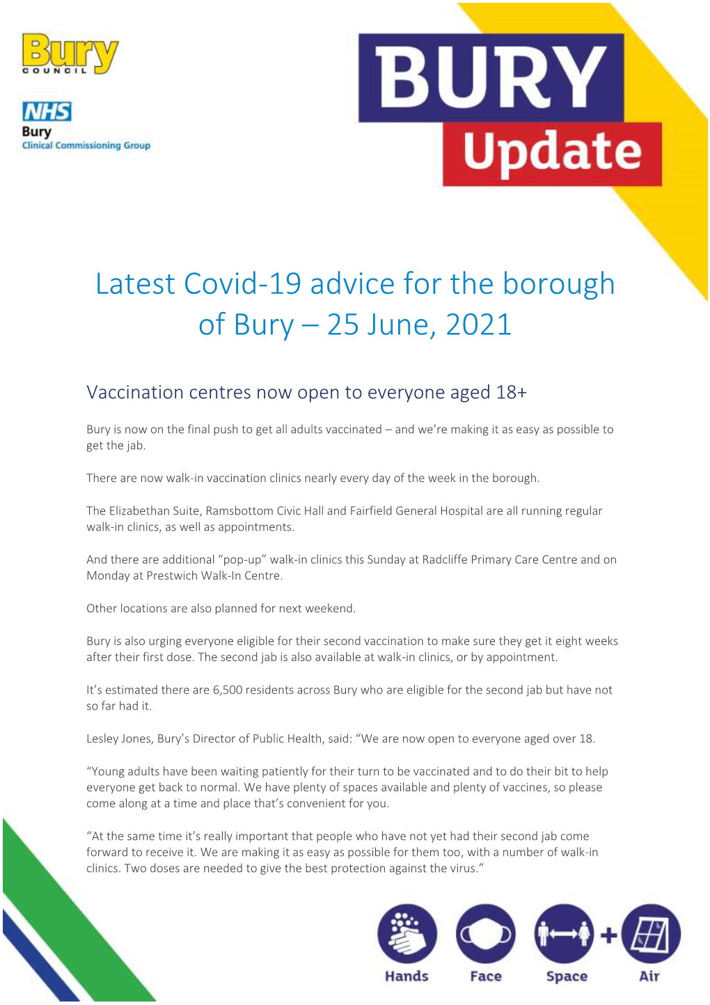 Latest Covid-19 Advice for the Borough of Bury – 25 June, 2021