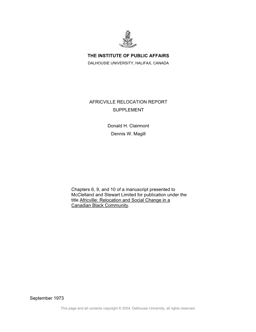 Africville Relocation Report Supplement