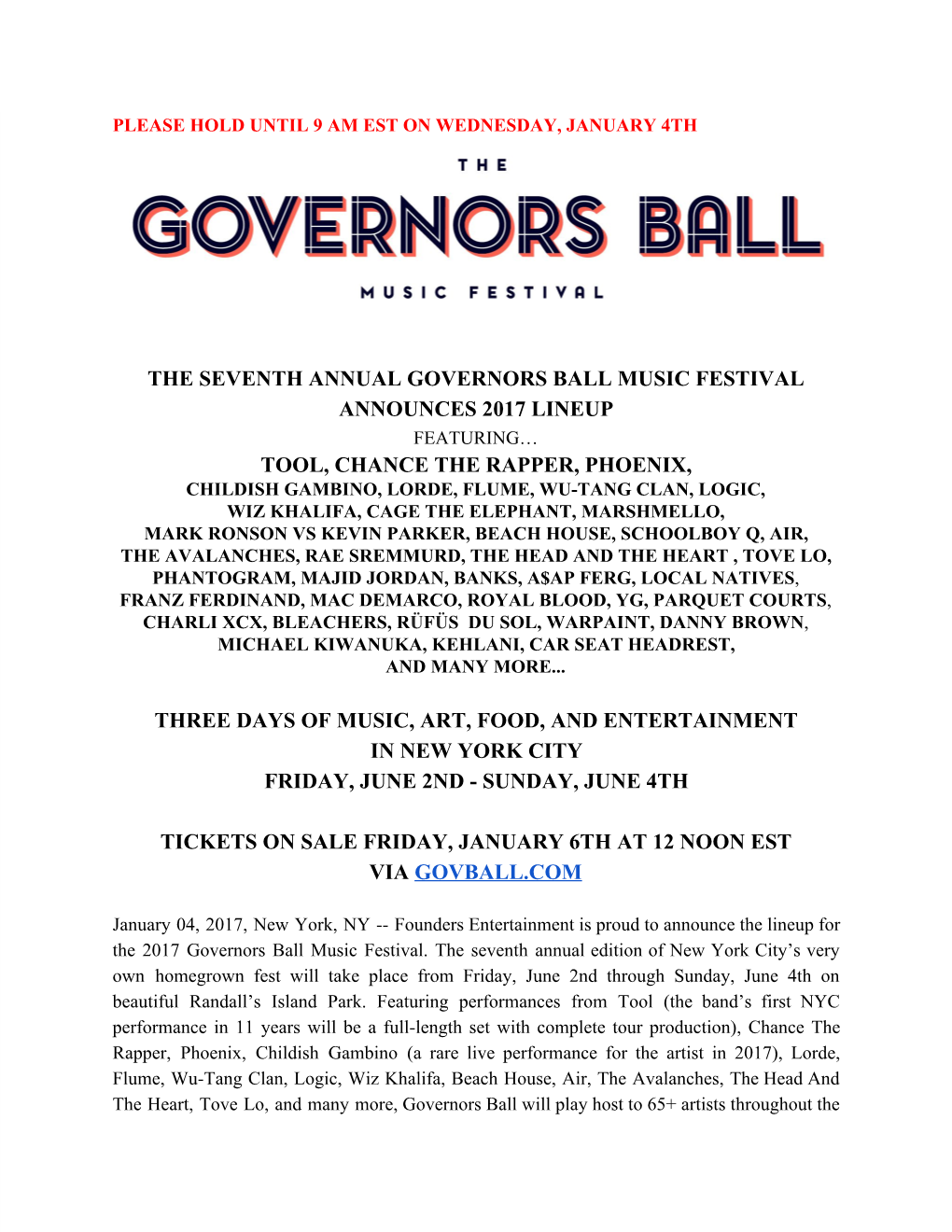 The Seventh Annual Governors Ball Music