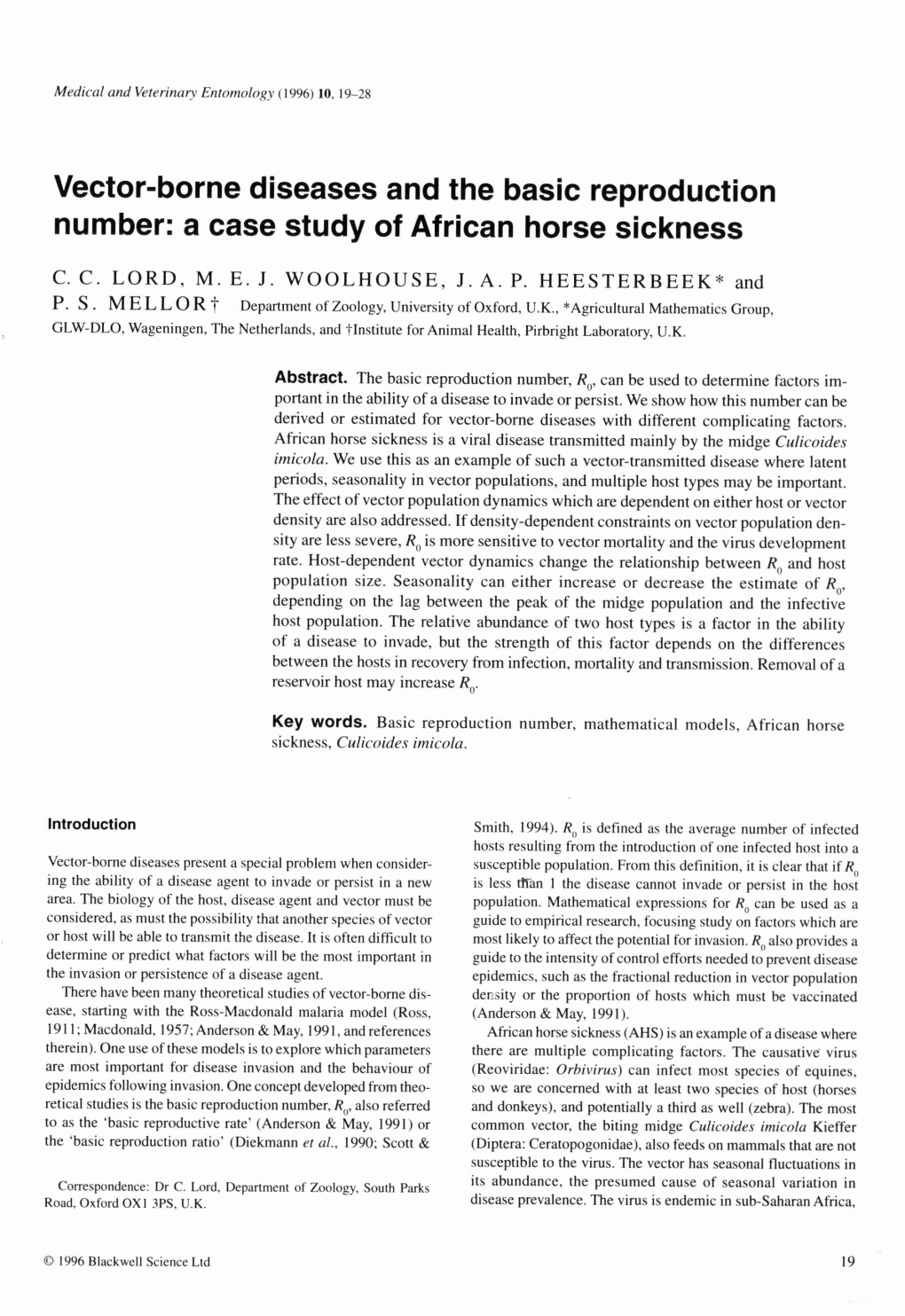 Vector-Borne Diseases and the Basic Reproduction Number: a Case Study of African Horse Sickness C