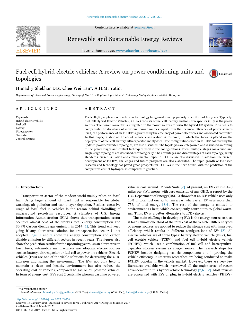 Fuel Cell Hybrid Electric Vehicles: a Review on Power Conditioning Units and MARK Topologies ⁎ Himadry Shekhar Das, Chee Wei Tan , A.H.M