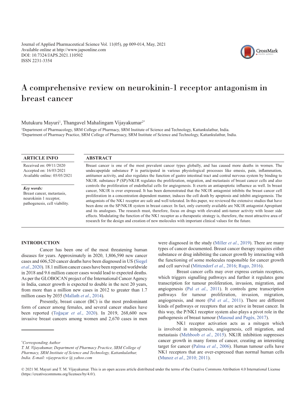 A Comprehensive Review on Neurokinin-1 Receptor Antagonism in Breast Cancer