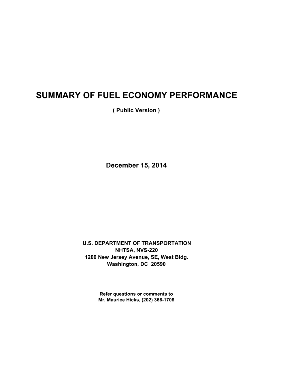 Summary of Fuel Economy Performance