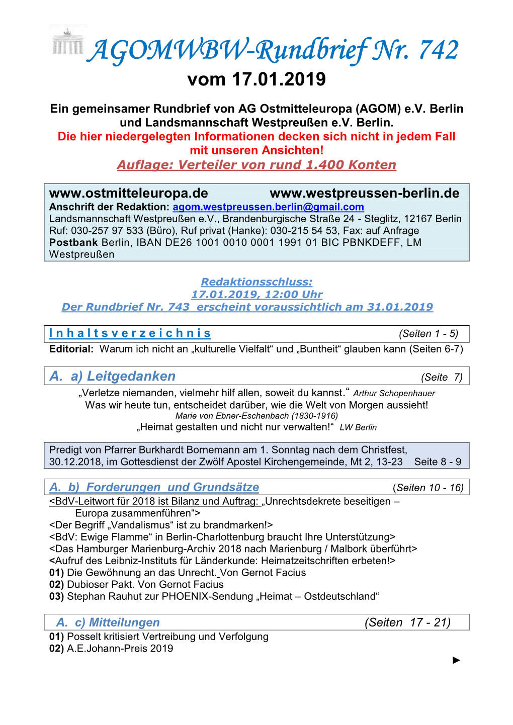 AGOMWBW-Rundbrief Nr. 742 Vom 17.01.2019