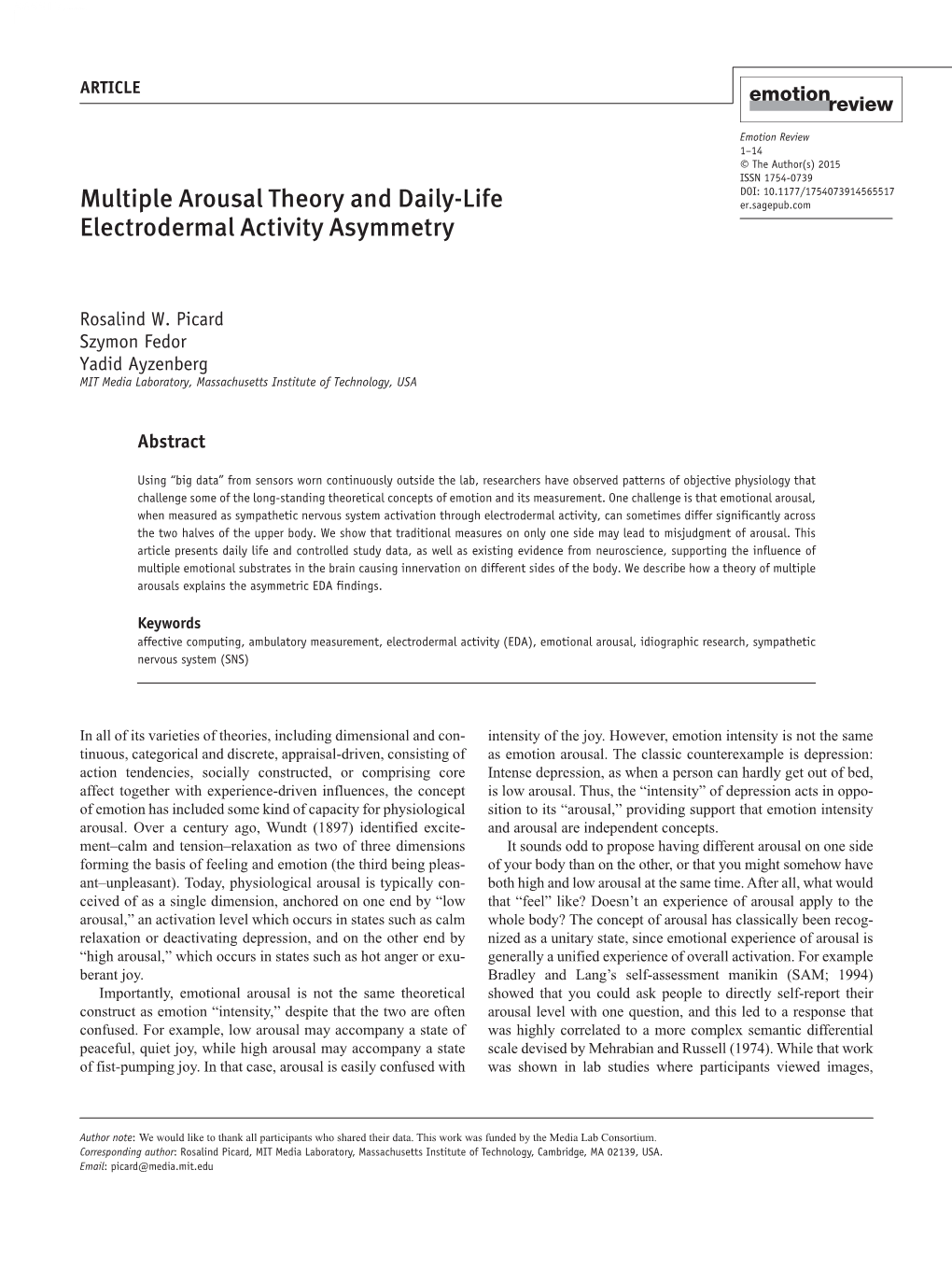 Multiple Arousal Theory and Daily-Life Electrodermal Activity