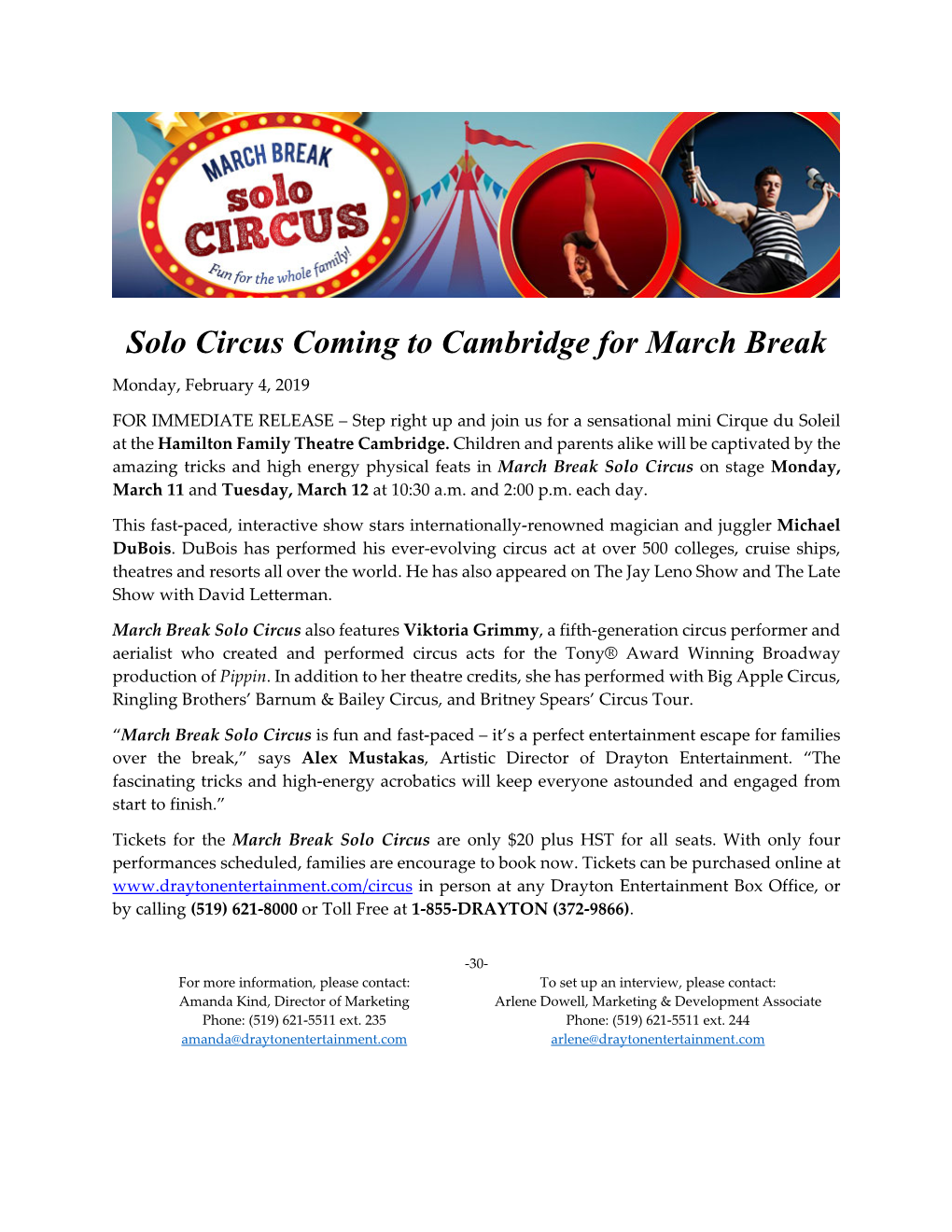 Solo Circus Coming to Cambridge for March Break