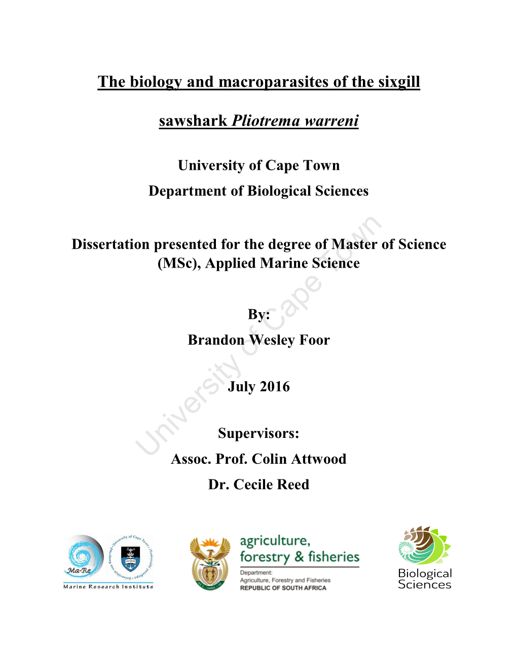 The Biology and Macroparasites of the Sixgill Sawshark Pliotrema Warreni