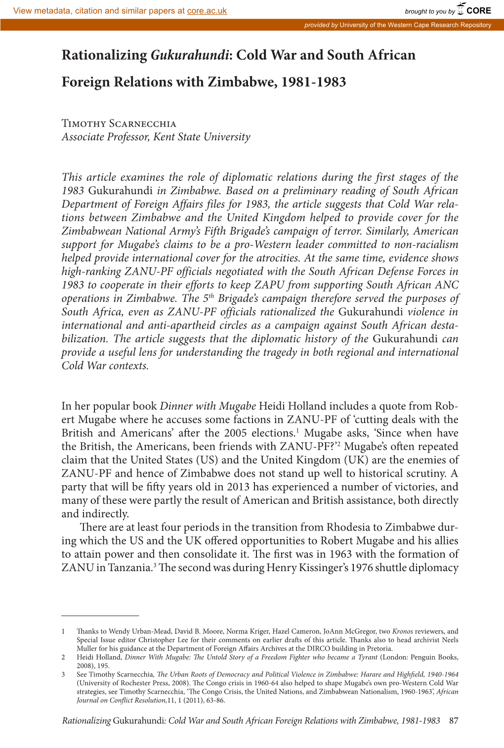 Rationalizing Gukurahundi: Cold War and South African Foreign Relations with Zimbabwe, 1981-1983