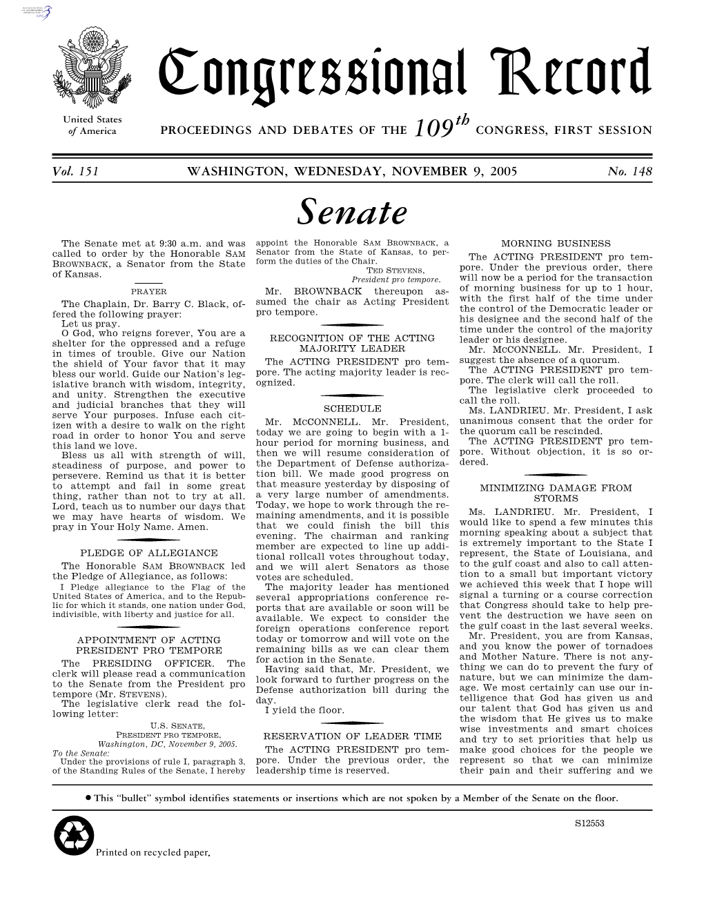 Congressional Record United States Th of America PROCEEDINGS and DEBATES of the 109 CONGRESS, FIRST SESSION