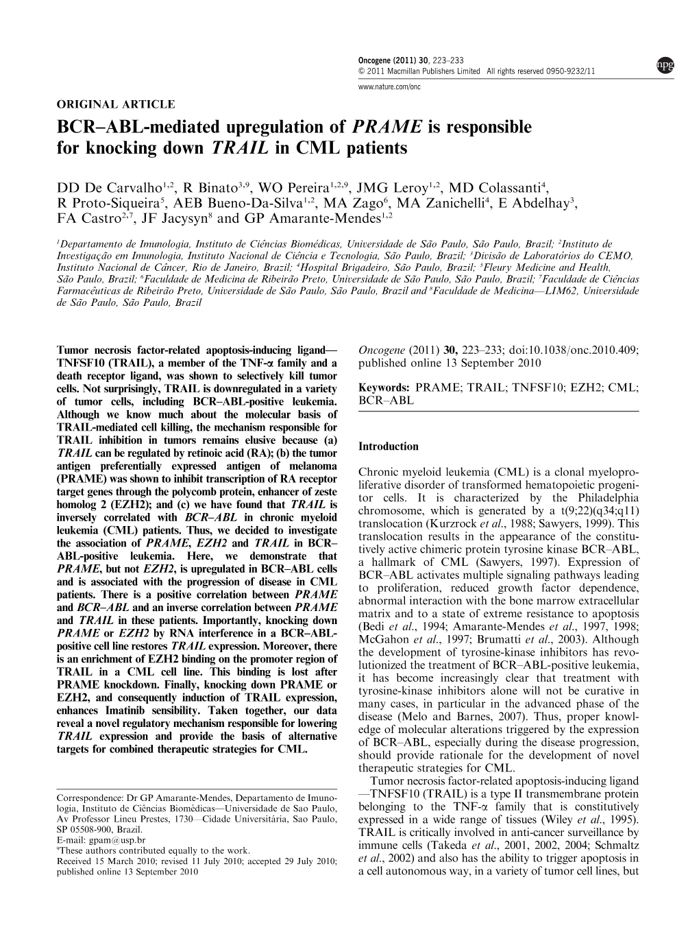 BCR–ABL-Mediated Upregulation of PRAME Is Responsible for Knocking Down TRAIL in CML Patients