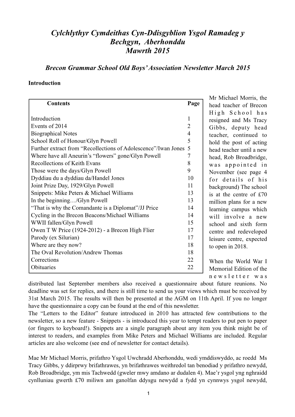 Cylchlythyr Cymdeithas Cyn-Ddisgyblion Ysgol Ramadeg Y Bechgyn, Aberhonddu Mawrth 2015