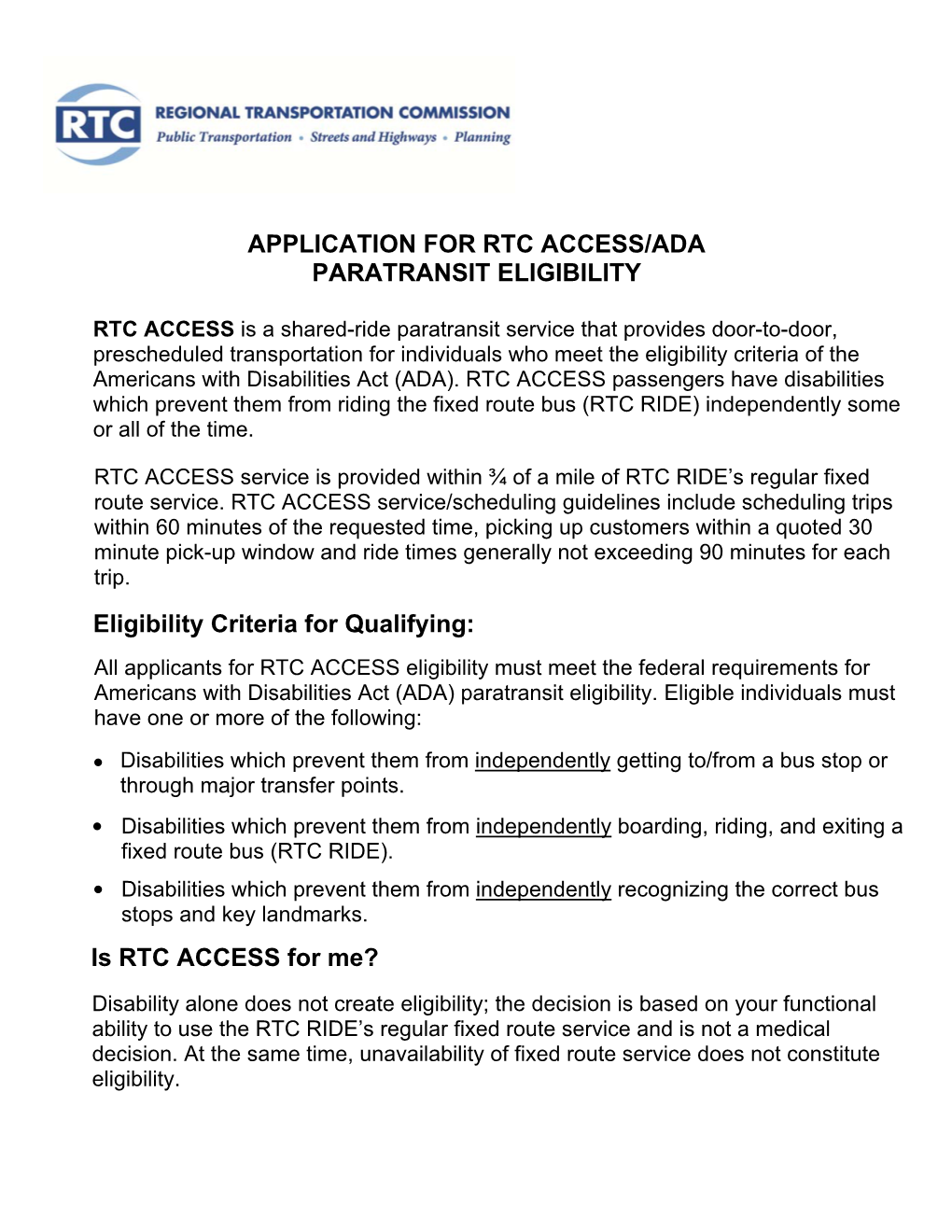 Application for Rtc Access/Ada Paratransit Eligibility