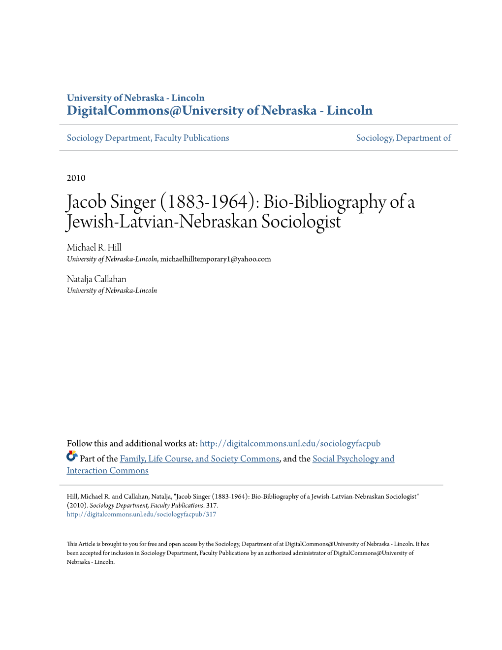 Jacob Singer (1883-1964): Bio-Bibliography of a Jewish-Latvian-Nebraskan Sociologist Michael R