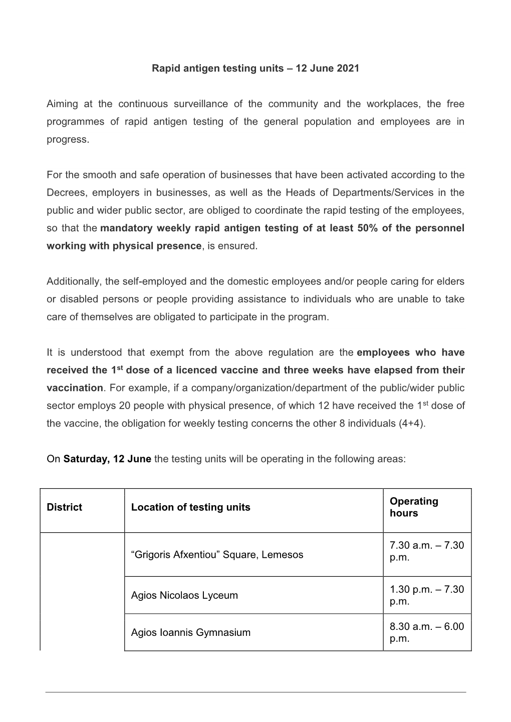 Rapid Antigen Testing Units – 12 June 2021