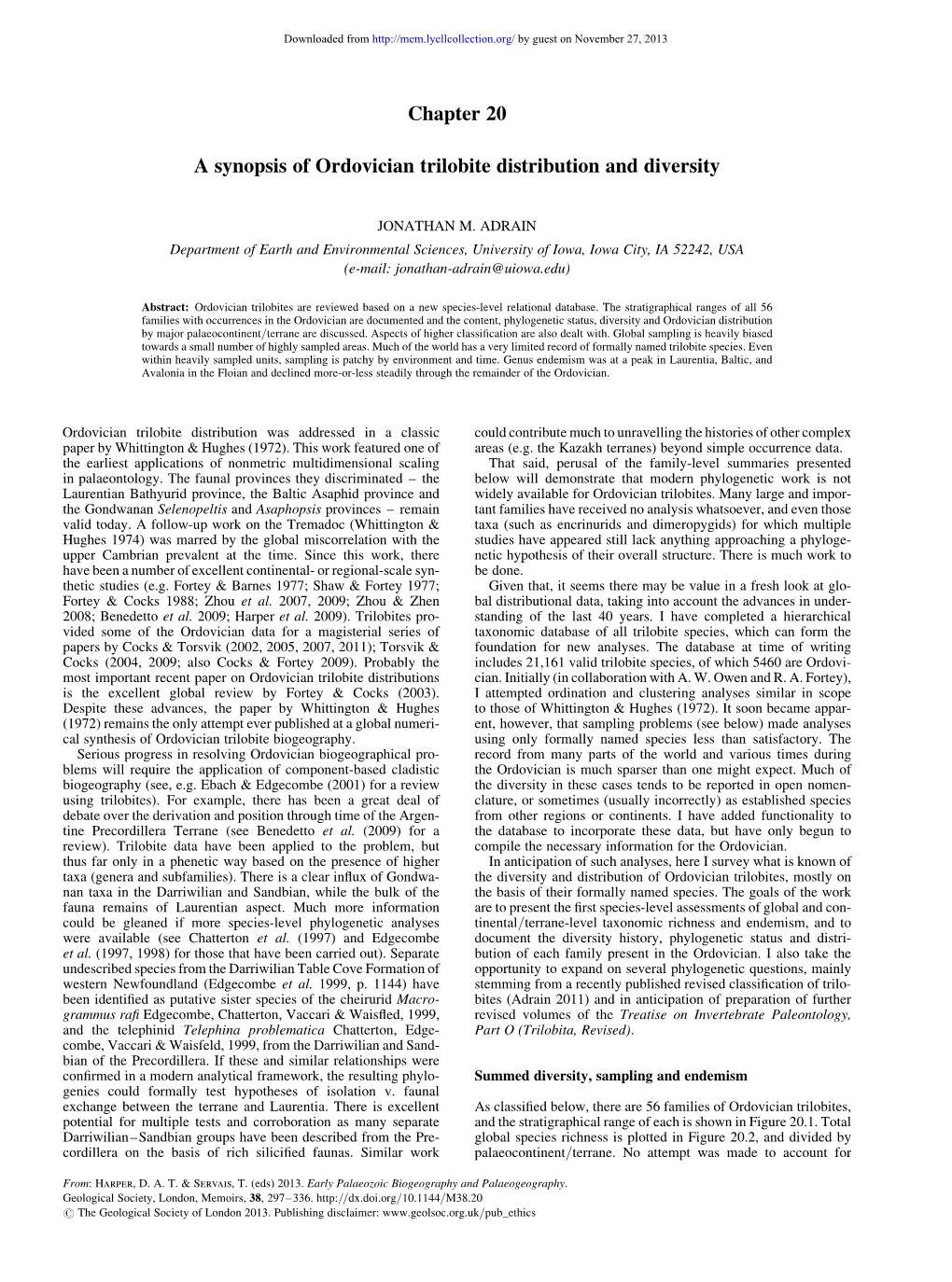 Chapter 20 a Synopsis of Ordovician Trilobite Distribution and Diversity