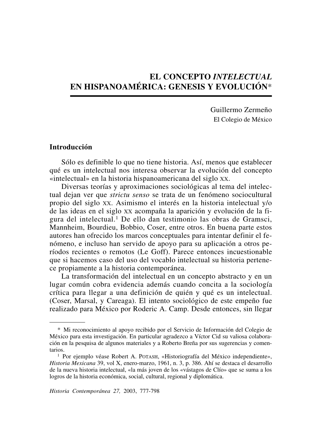 El Concepto Intelectual En Hispanoamérica: Genesis Y Evolución*