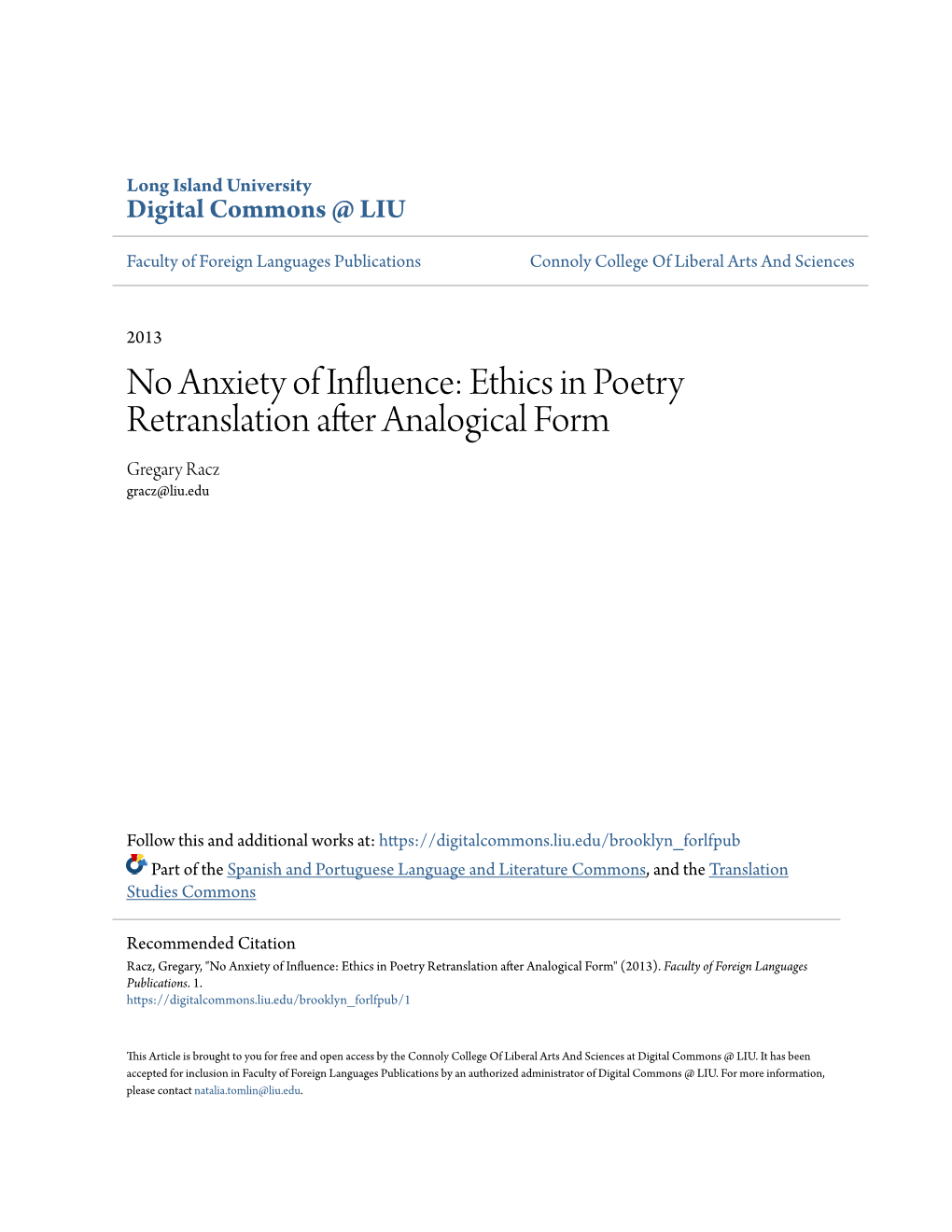 Ethics in Poetry Retranslation After Analogical Form Gregary Racz Gracz@Liu.Edu