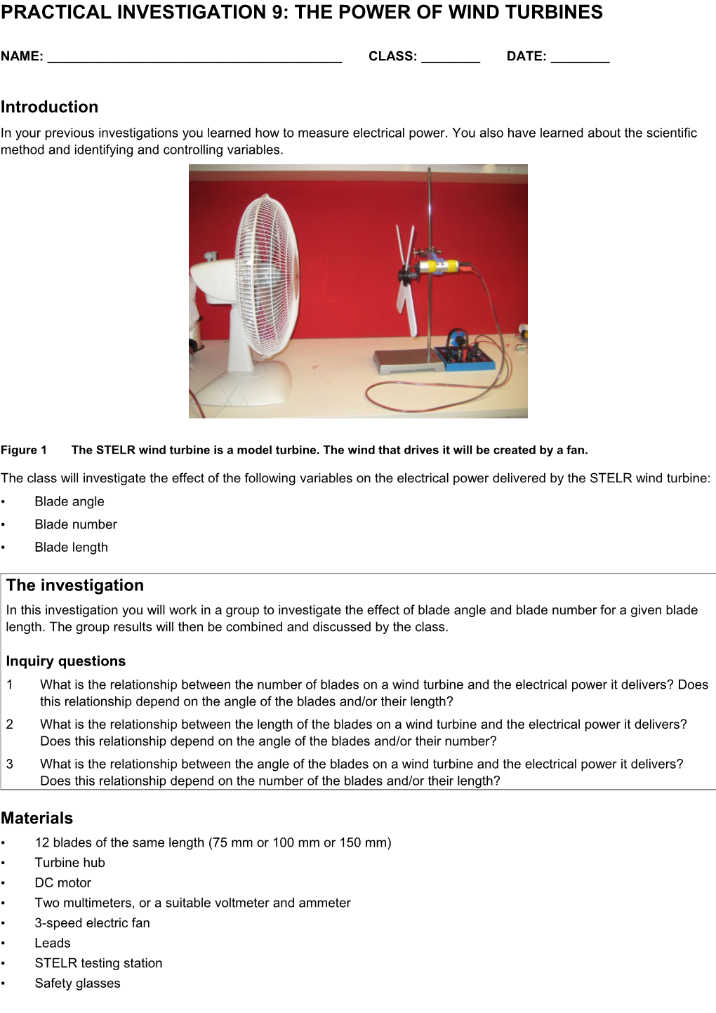 Practical Investigation 9: the Power of Wind Turbines