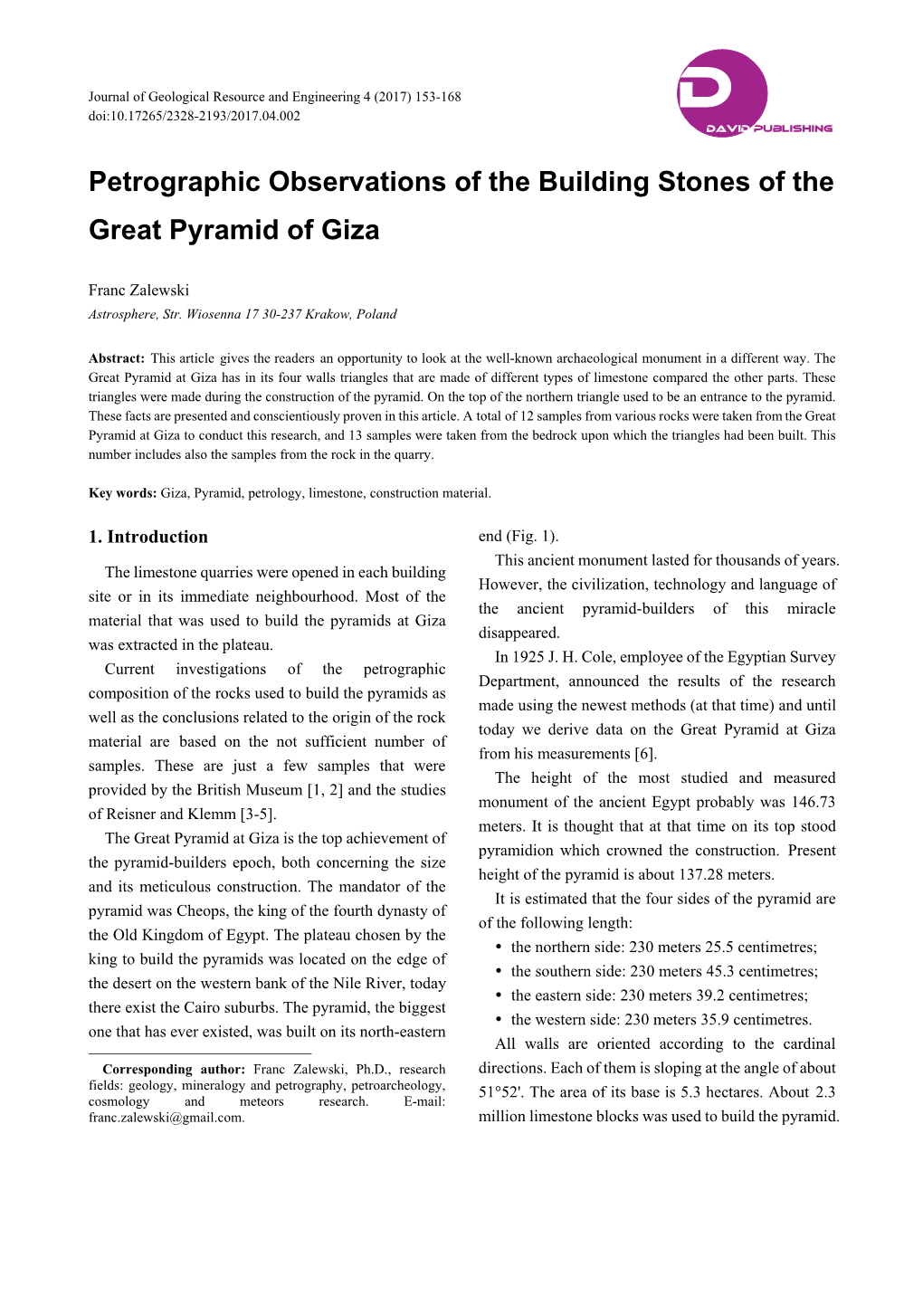 Petrographic Observations of the Building Stones of the Great Pyramid of Giza