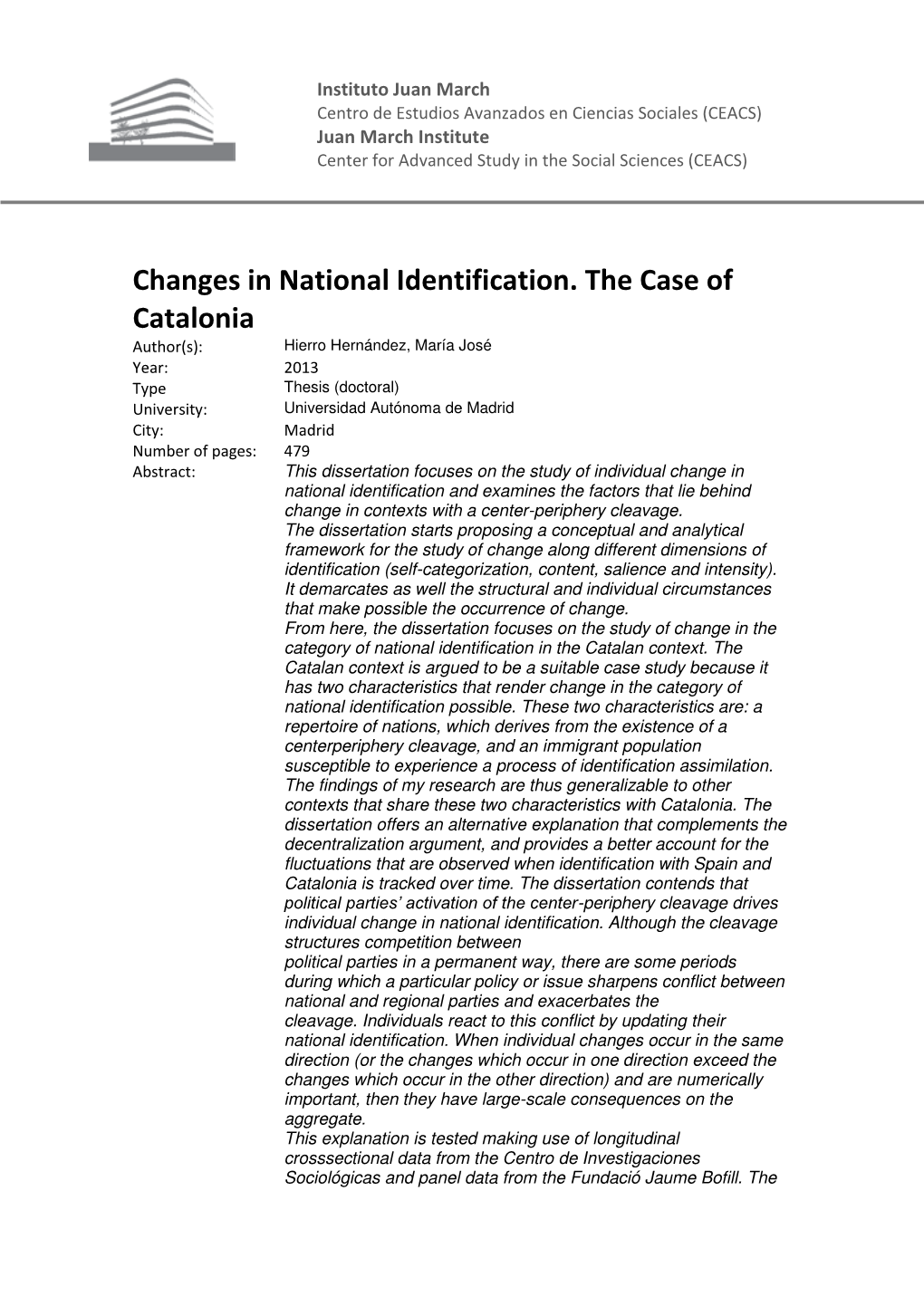 Changes in National Identification. the Case of Catalonia