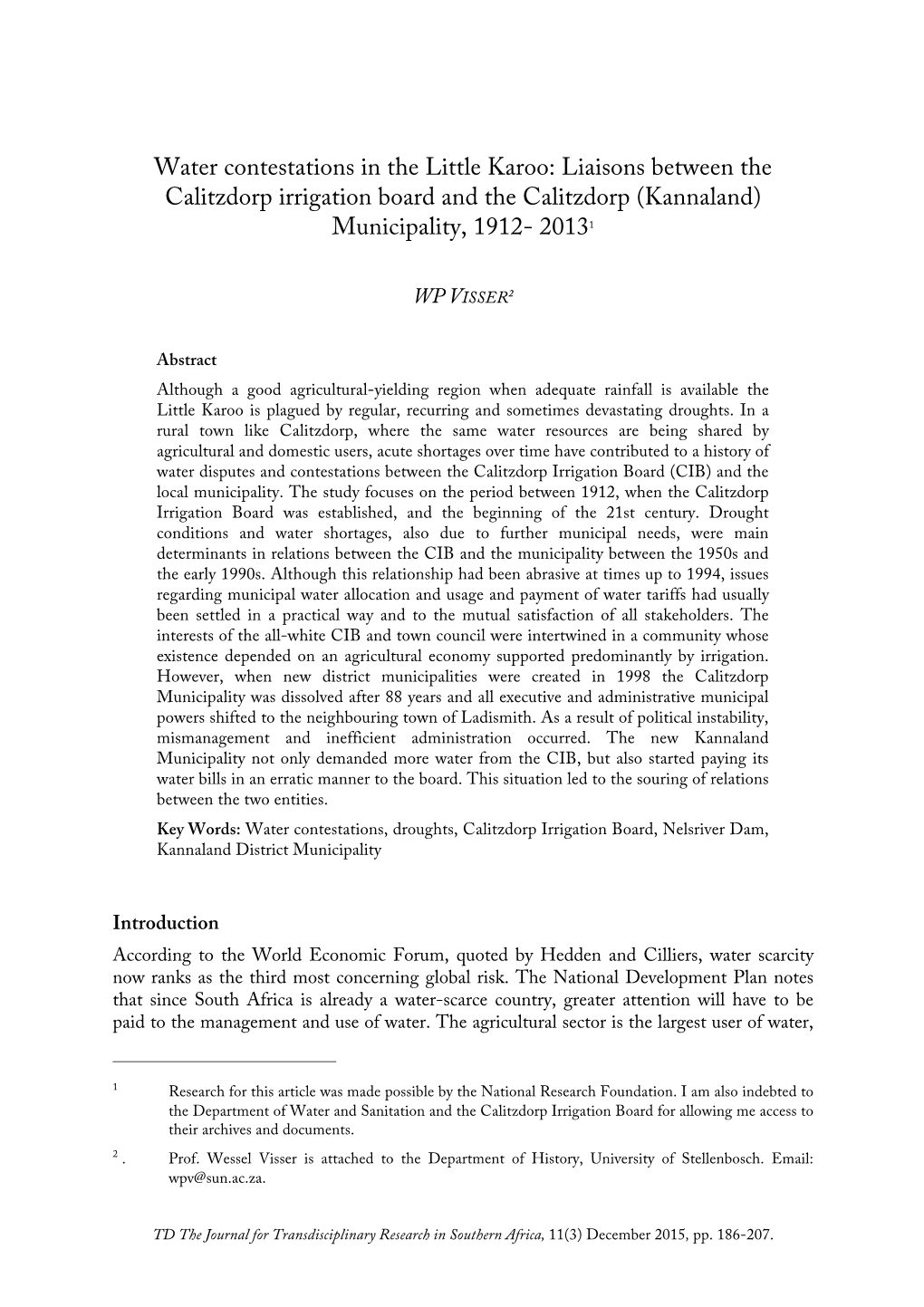 Liaisons Between the Calitzdorp Irrigation Board and the Calitzdorp (Kannaland) Municipality, 1912- 20131