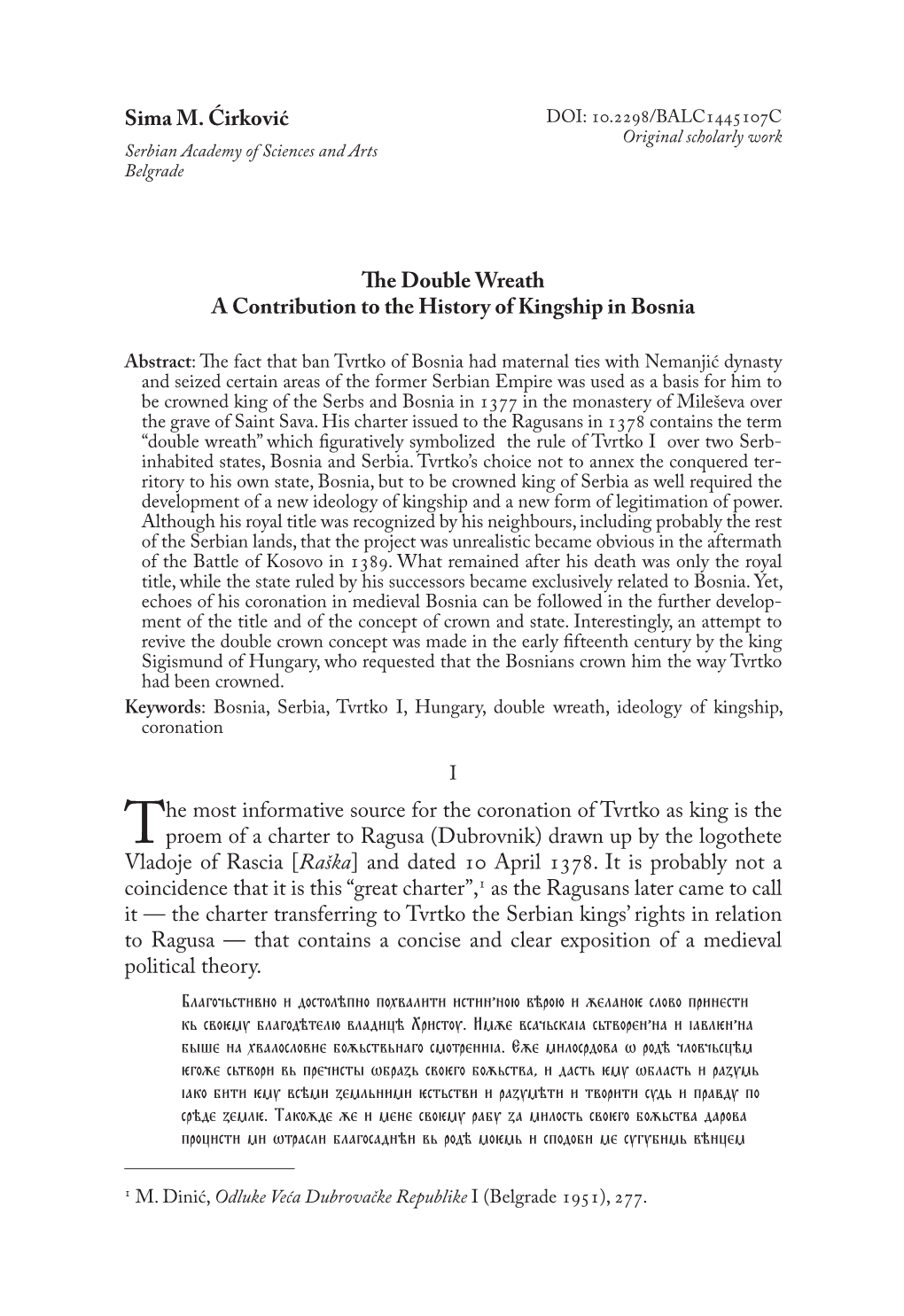 Double Wreath a Contribution to the History of Kingship in Bosnia