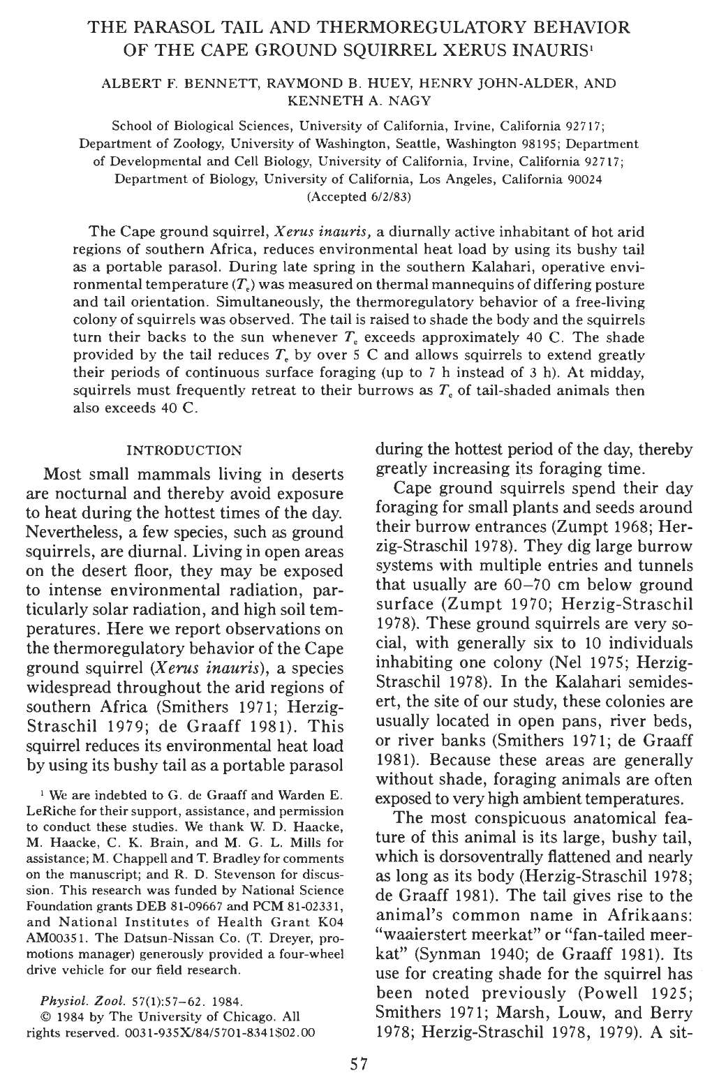 The Parasol Tail and Thermoregulatory Behavior of the Cape Ground Squirrel Xerus Inauius'