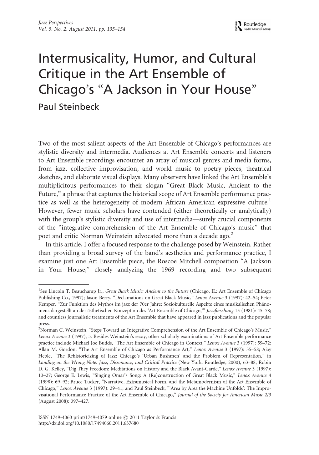 Intermusicality, Humor, and Cultural Critique in the Art Ensemble of Chicago’S “A Jackson in Your House” Paul Steinbeck