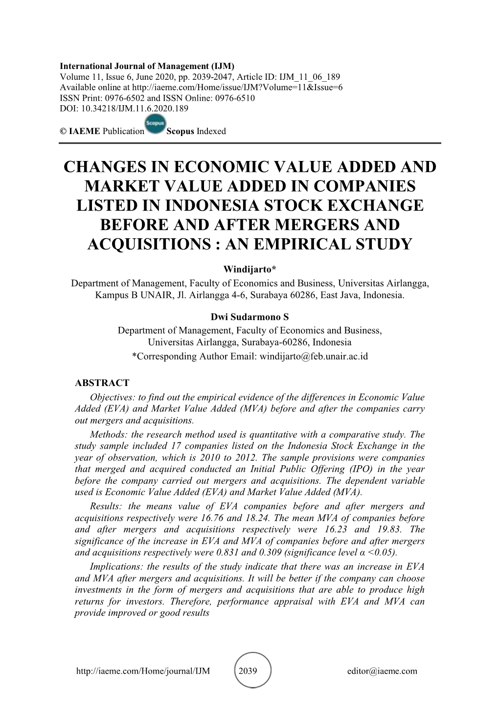 Changes in Economic Value Added and Market Value Added in Companies Listed in Indonesia Stock Exchange Before and After Mergers and Acquisitions : an Empirical Study