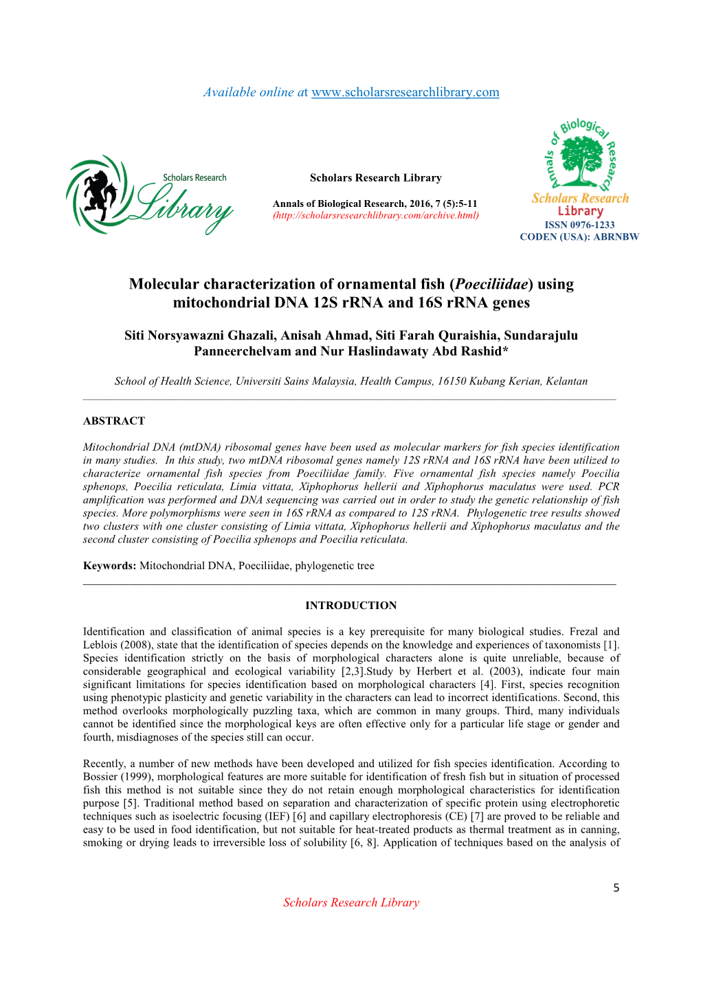 Molecular Characterization of Ornamental Fish (Poeciliidae) Using