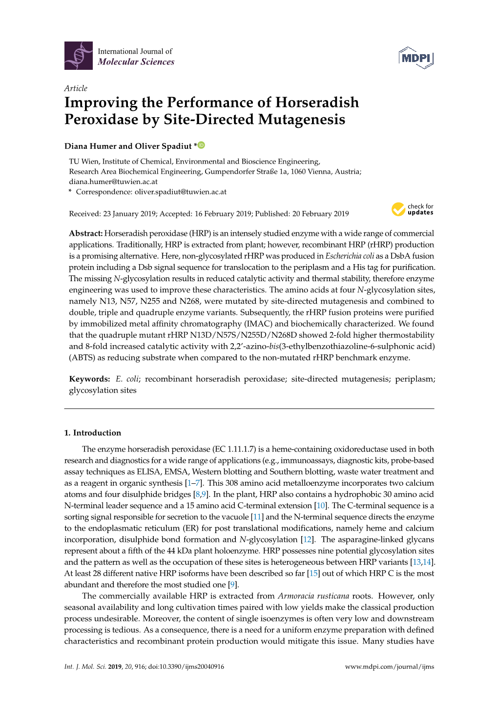 Improving the Performance of Horseradish Peroxidase by Site-Directed Mutagenesis