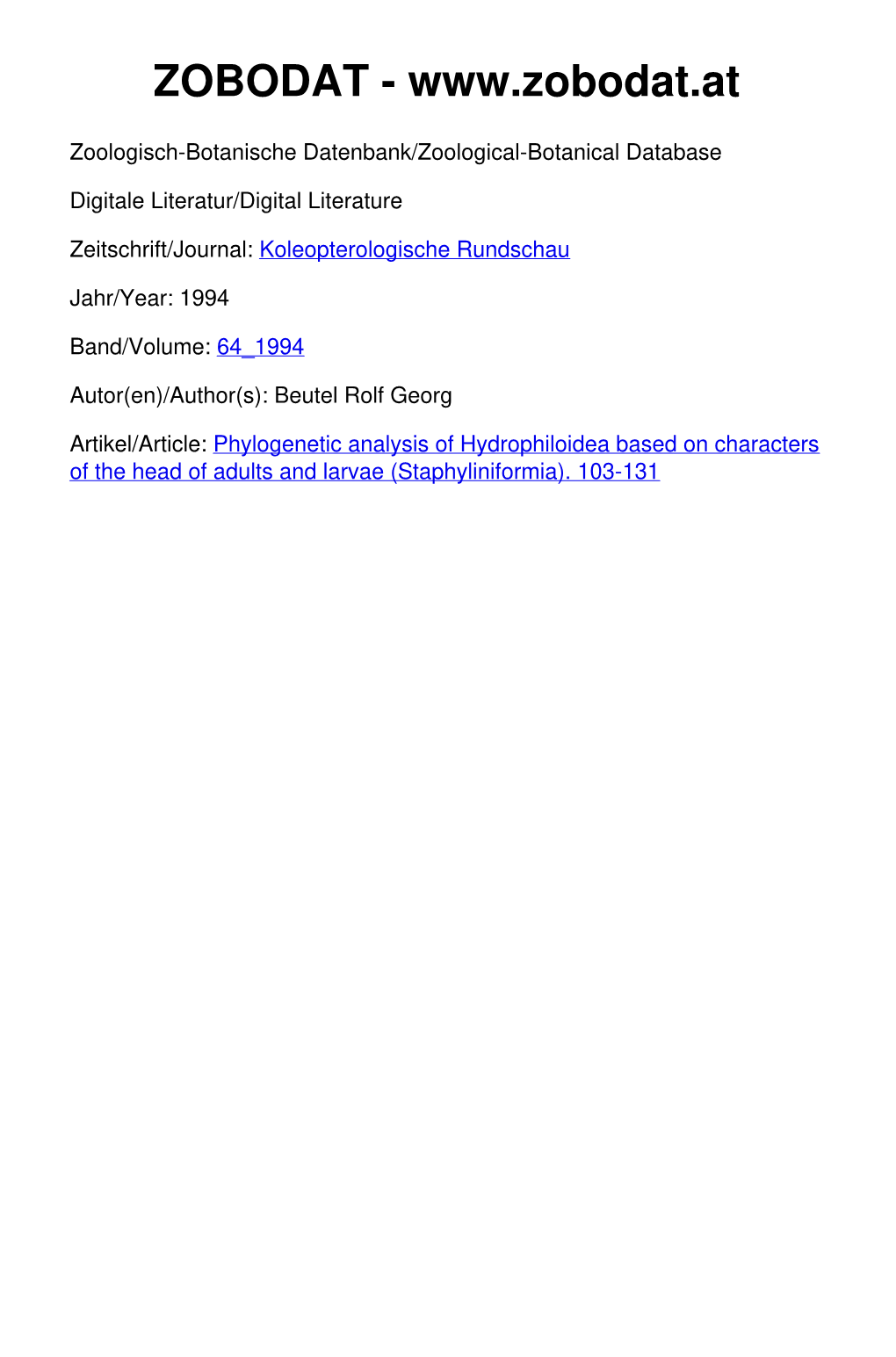 Phylogenetic Analysis of Hydrophiloidea Based on Characters of the Head of Adults and Larvae (Staphyliniformia)