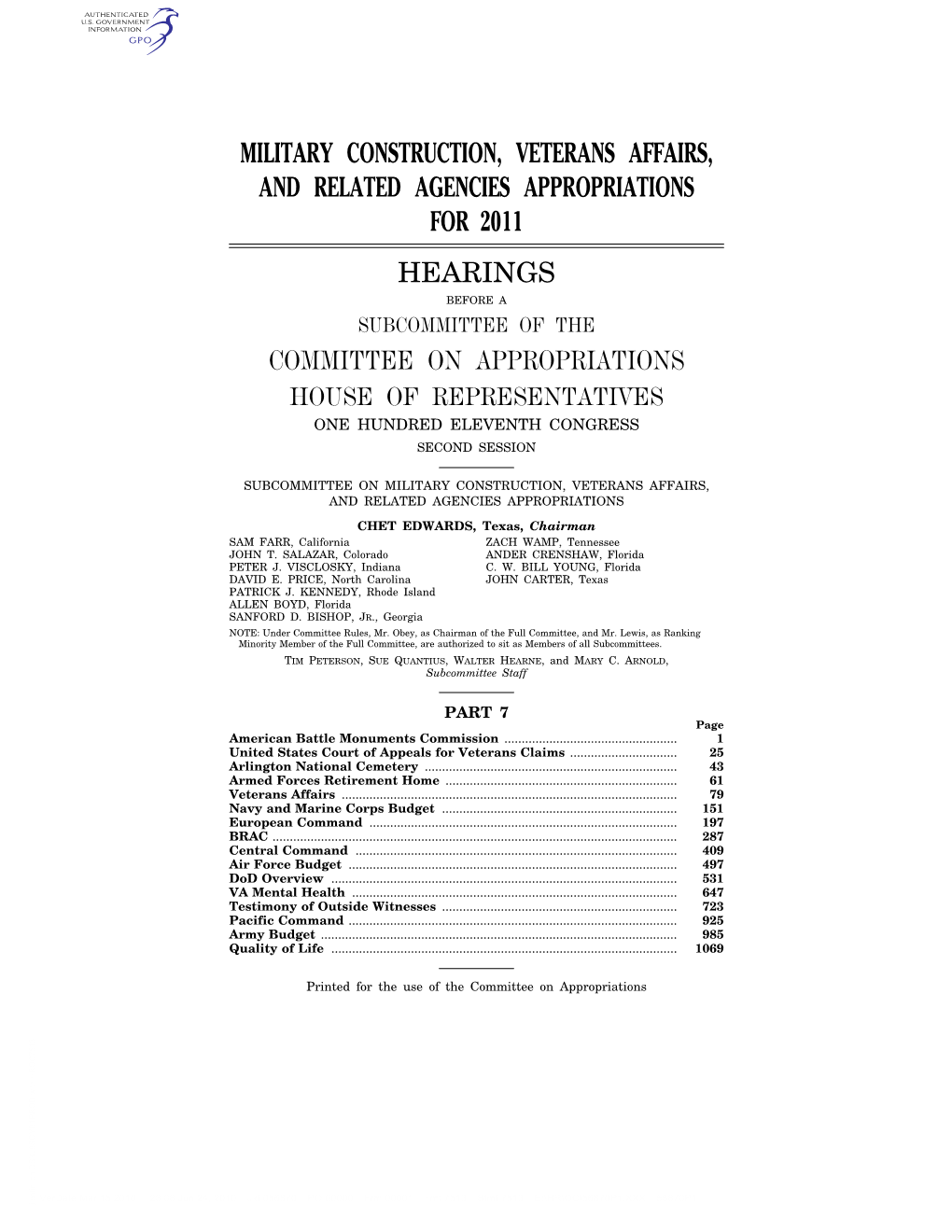 Military Construction, Veterans Affairs, and Related Agencies Appropriations for 2011 Hearings Committee on Appropriations