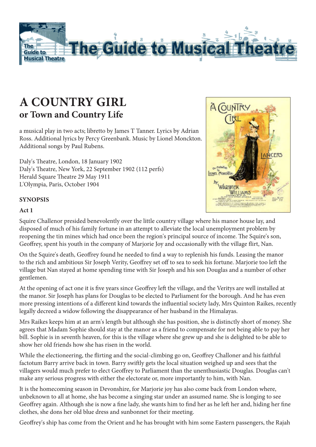 A COUNTRY GIRL Or Town and Country Life a Musical Play in Two Acts; Libretto by James T Tanner