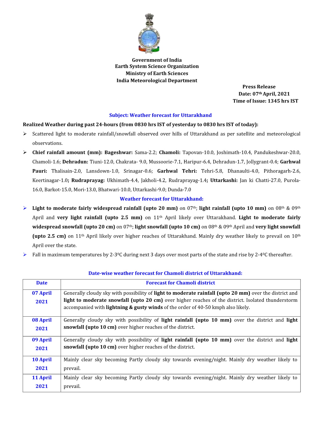 Government of India Earth System Science Organization Ministry Of