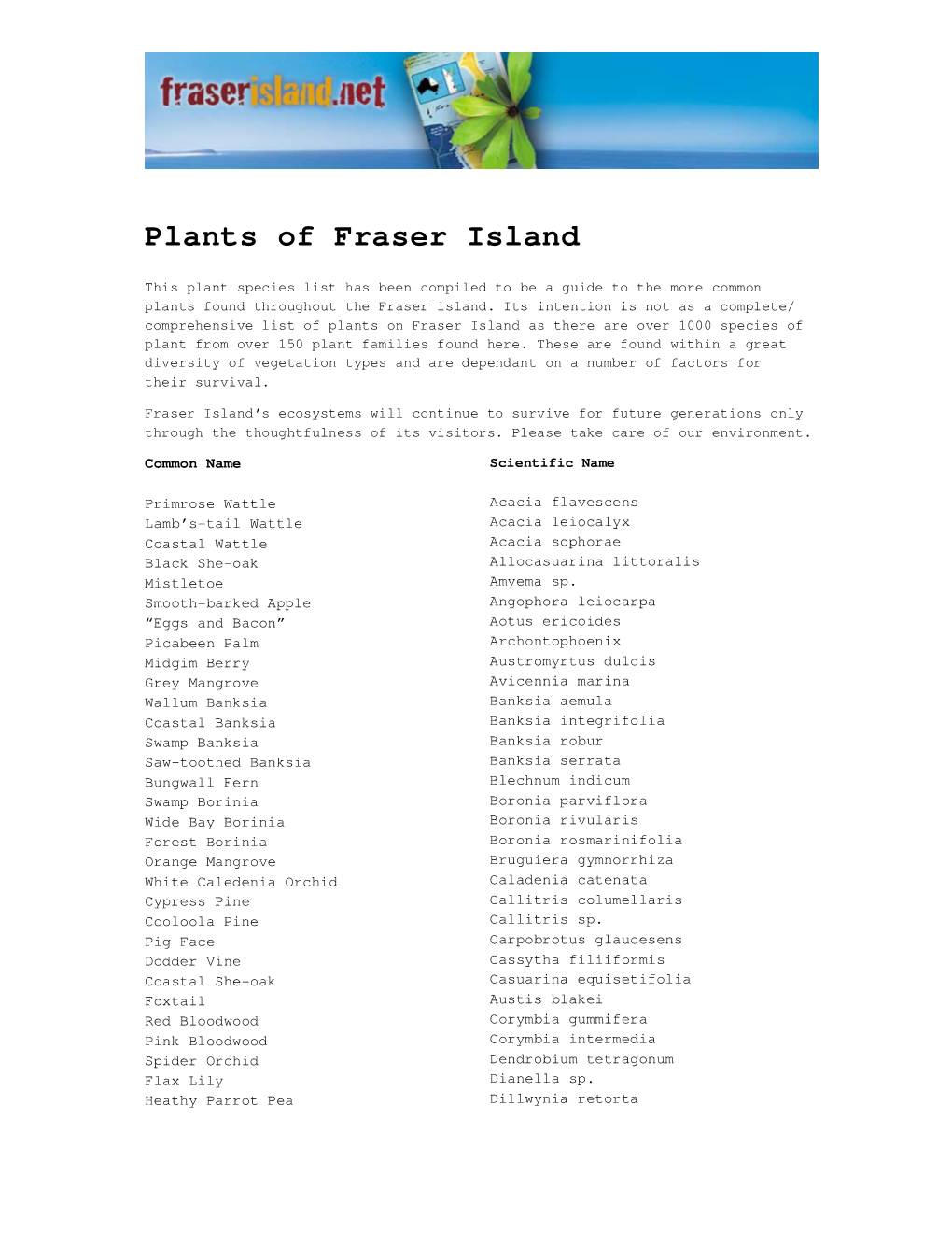 Fraser Island Plant List