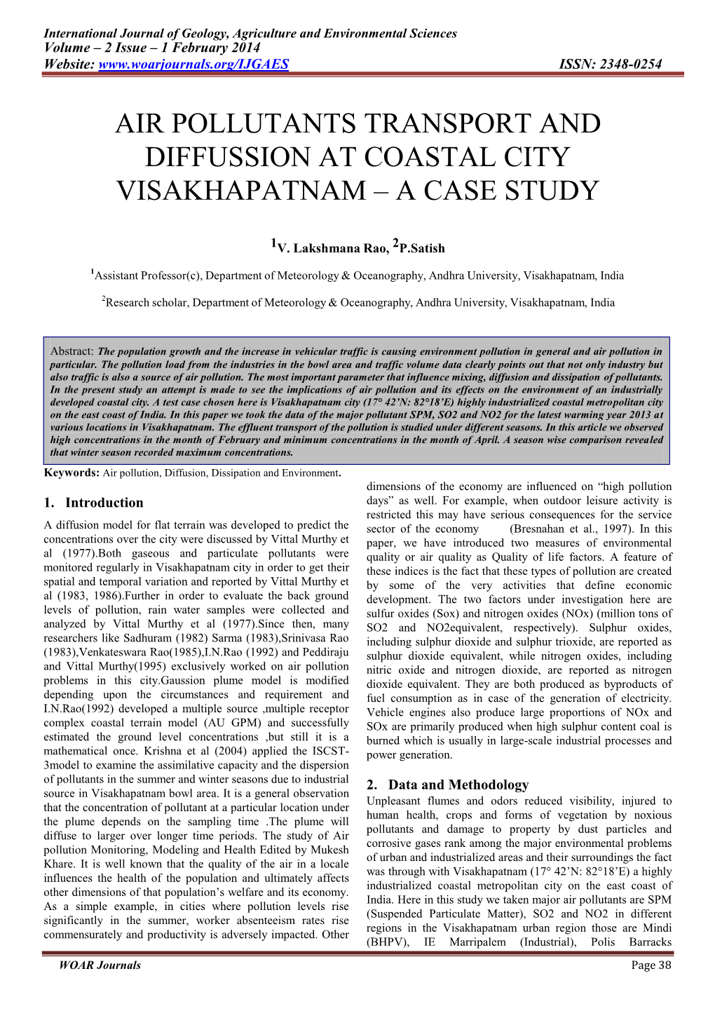 Air Pollutants Transport and Diffussion at Coastal City Visakhapatnam – a Case Study