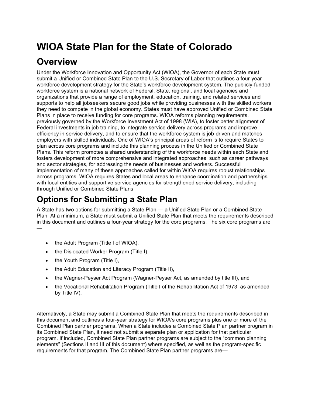 WIOA State Plan for the State of Colorado