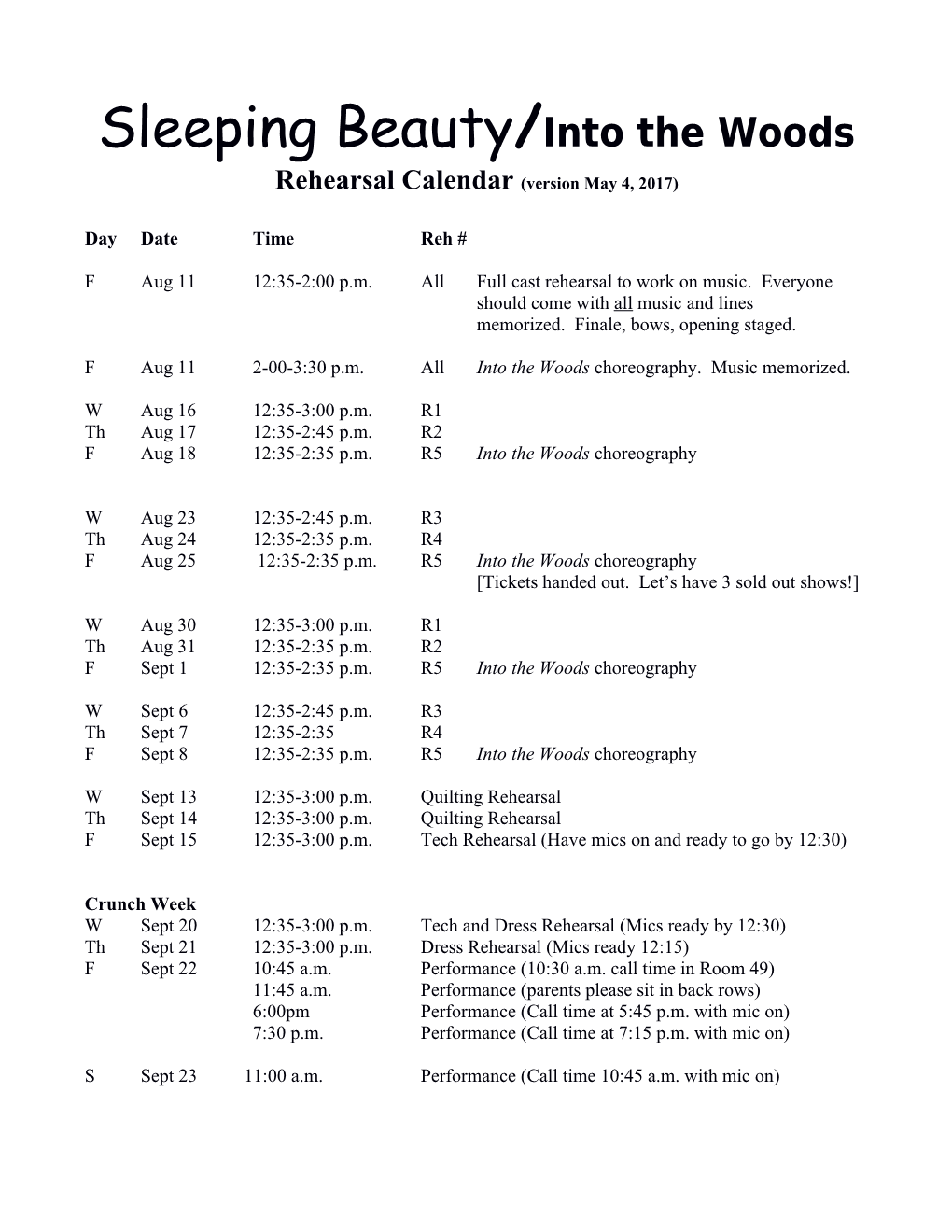 Oklahoma (Abbreviated) Rehearsal Calendar